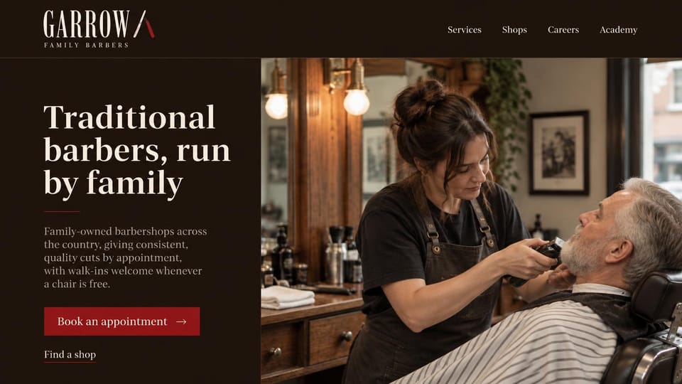 Barbershop website design, family-run barbershops in brown and red: dark brown panel with a cream serif headline and a red book button beside a photo of a woman barber trimming an older man's beard