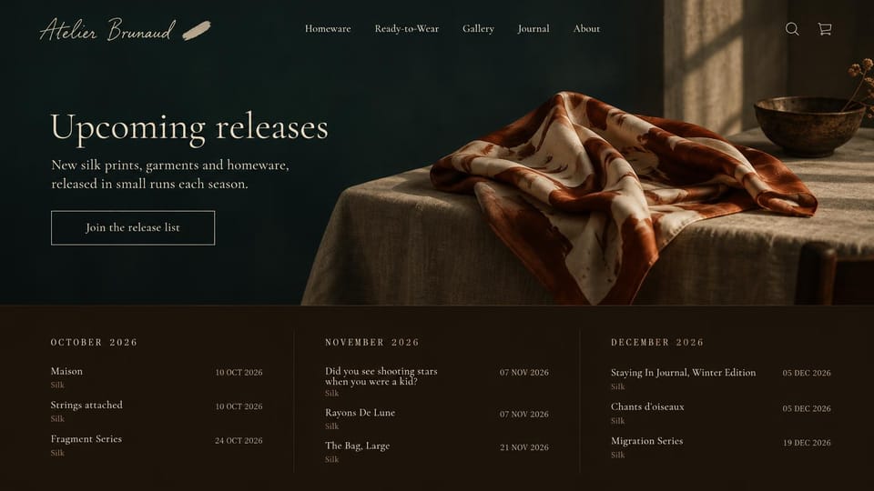 Fashion website design, silk prints with a release calendar: dark page with a script logo, a rust and cream silk scarf on a linen-draped table, a cream serif headline, an outlined button and a dark brown release calendar below