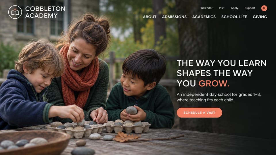School website design, grades 1 to 8 school with a coral highlight: dark photo of a teacher and two boys sorting stones into egg cartons outdoors, a white uppercase headline with one coral word, a coral button