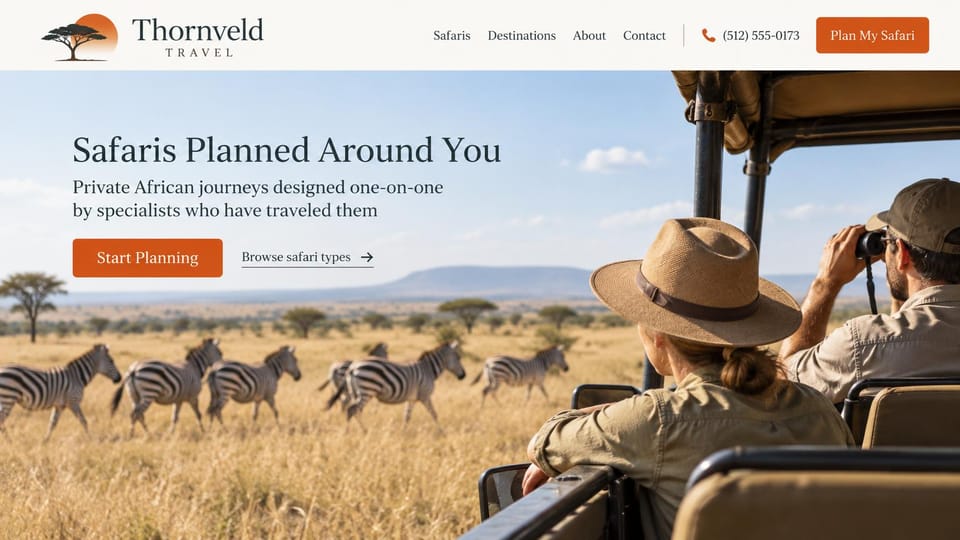 Travel agency website design, private safaris in bright daylight: cream header with an orange plan button, bright savanna photo of zebras crossing with two guests watching from a safari vehicle, dark serif headline at the upper left, orange button and a browse link