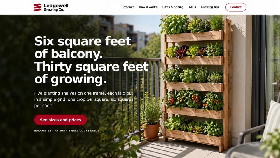 Landing page website design, product page that leads with the benefit: dark green balcony photo with a wooden vertical planter full of vegetables, bold white headline, red button