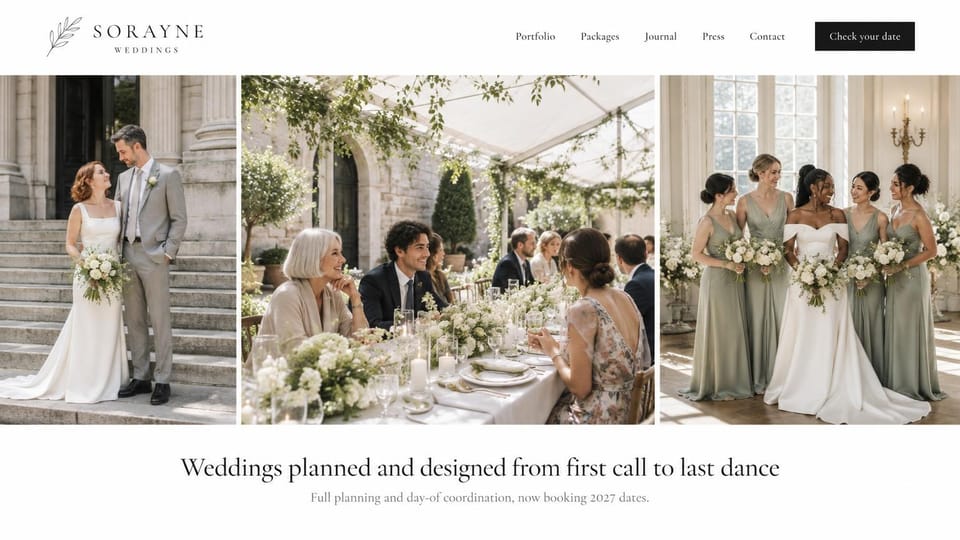 Wedding planner website design, full-service planner in soft sage and white: white page, leaf logo, three photos of a couple on stone steps, a garden tent dinner and bridesmaids in sage, centered serif headline, black date button