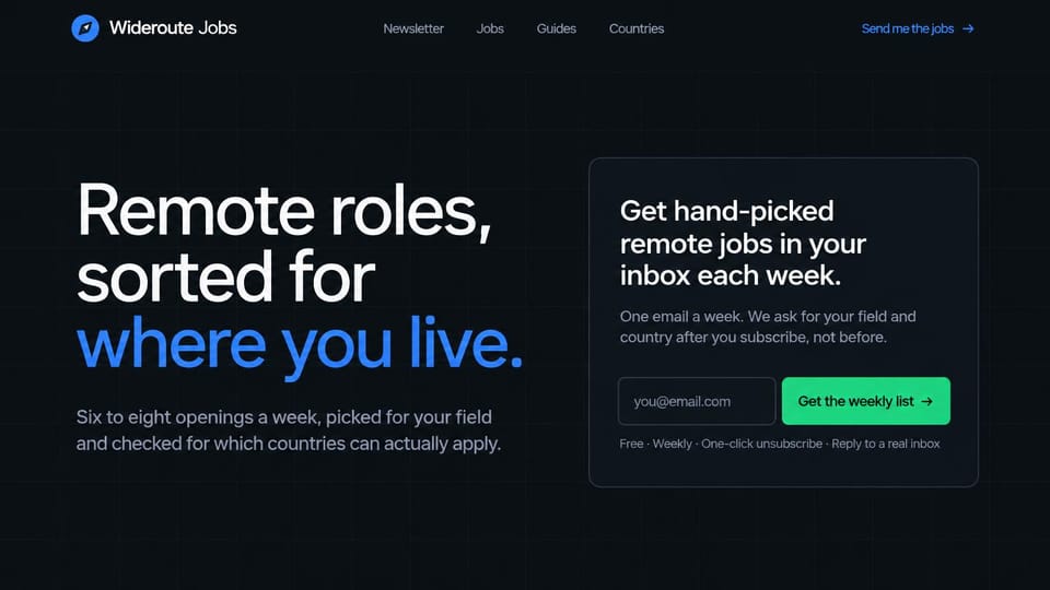 Landing page website design, jobs newsletter with the signup in a card: dark charcoal page, large white and blue headline, bordered signup card with an email field and green button