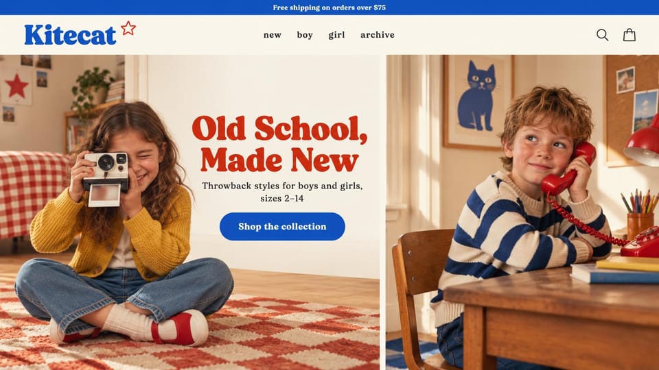 Fashion website design, retro kids' clothes with throwback props: blue top bar, a bold blue logo with a red star, a girl with an instant camera on a checked rug and a boy on a red telephone at a desk, a bold red serif headline and a blue pill button
