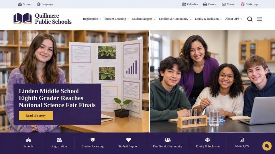 School website design, school district with a purple story panel and icon band: white header, two photos of a student's science fair board and a lab group, a purple story panel with a gold button, a purple icon band