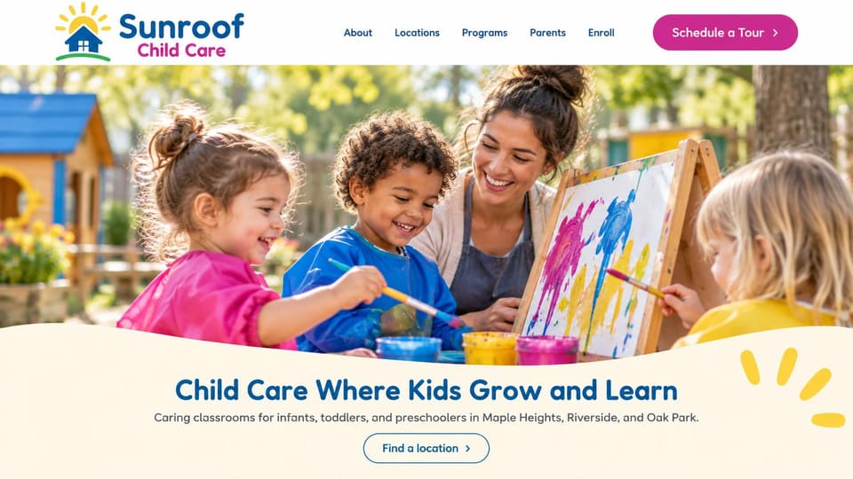 Daycare website design, childcare in several towns with a wavy panel: white header with a magenta pill button, a wide sunny photo of a teacher in an apron with three children painting at an easel, a wavy cream panel with a navy rounded headline and outlined button