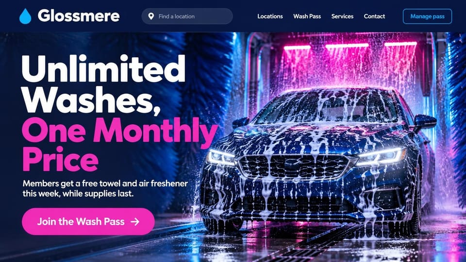 Car detailing website design, unlimited wash pass with a location search in the header: navy header with a blue drop logo and location search, a foam-covered blue sedan under pink and blue lights, a white and pink headline, a pink button
