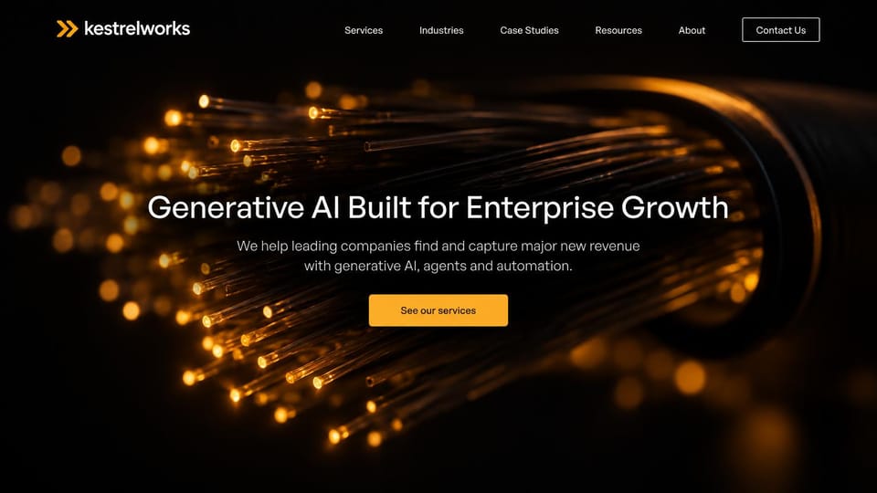 IT company website design, enterprise AI consulting with glowing fiber optics: black page, amber fiber optic strands glowing behind a centered white headline, amber button