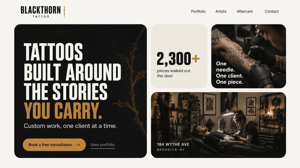 Tattoo website design, private studio in bento cards: cream page, dark rounded cards with heavy white and gold capitals, a gold button, photos of a dim studio and a tattoo in progress