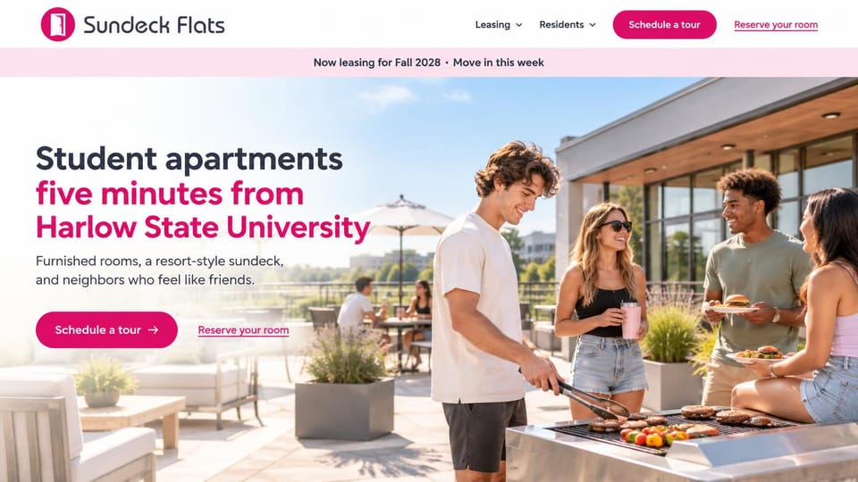Apartment website design, student apartments with a rooftop cookout: white header with magenta buttons, a pink leasing banner, a dark and magenta sans headline, students grilling burgers on a sunny rooftop deck