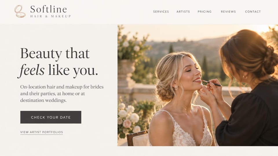 Salon website design, bridal beauty team, light and soft: soft ivory, an artist applying a bride's lip color on a sunlit terrace beside a serif headline