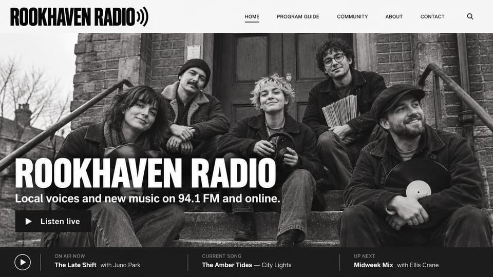 Radio station website design, black and white community radio with a now-playing bar: black and white photo of five young hosts on brick steps holding headphones and records, heavy white condensed headline, a black listen button, a light header with a broadcast-wave logo and a charcoal now-playing bar along the bottom