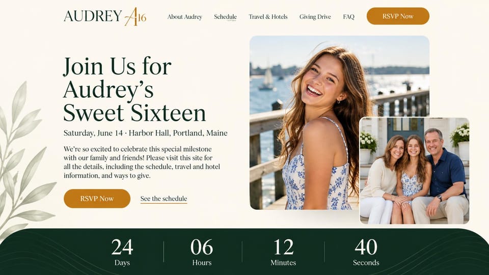 Event website design, sweet sixteen with a countdown and family photo: cream page with green leaves, serif headline, a teen girl on a harbor dock with a family photo inset, dark green countdown bar