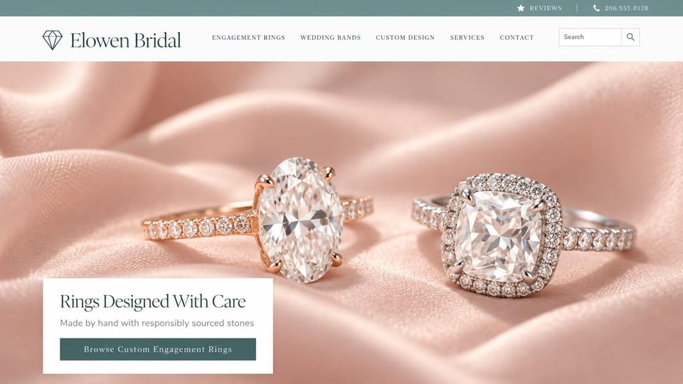 Jewelry website design, custom engagement rings on blush satin: teal top bar, two diamond engagement rings on blush satin, a white card with a dark serif headline and a teal button
