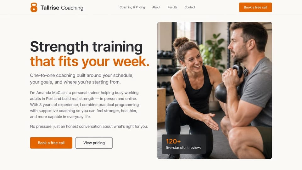 Personal trainer website design, independent trainer with a first-person welcome: warm white page, a charcoal and orange headline, a short first-person intro, an orange call button and an outlined pricing button, a rounded photo of a female trainer coaching a man's kettlebell squat with a review count card