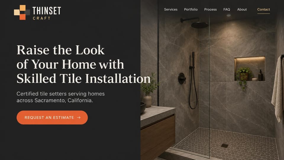 Construction website design, tile installer with a finished walk-in shower: charcoal page, a gray stone walk-in shower with a lit niche, a large white serif headline and an orange estimate button