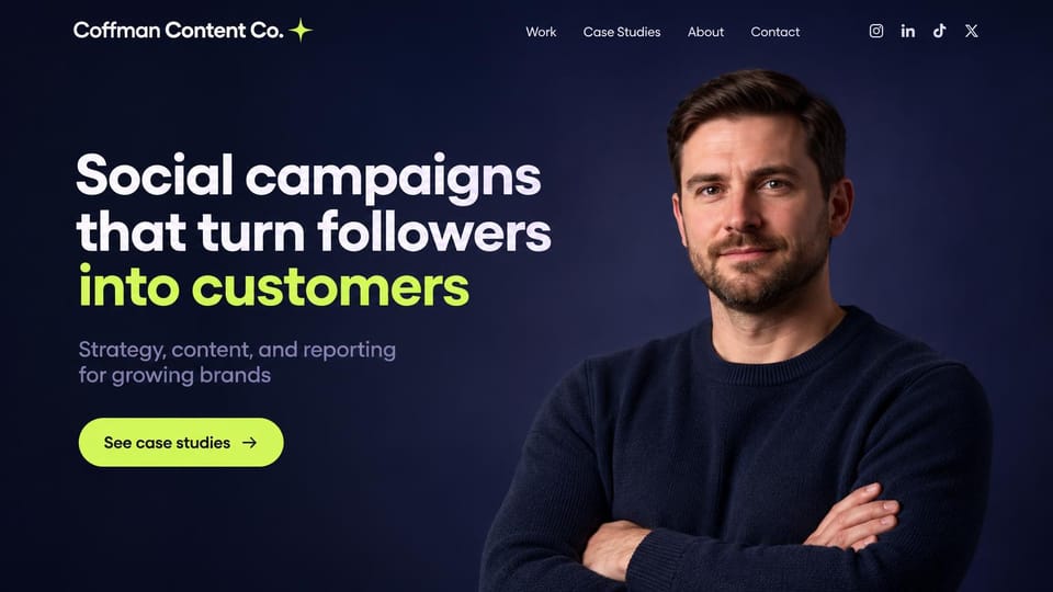 Marketing portfolio website design, social campaigns in navy and lime: dark navy page, a bold white sans headline ending in lime, a lime pill button and a man with crossed arms