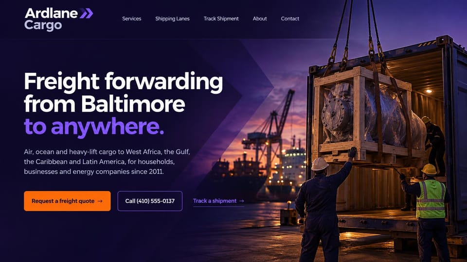 Logistics website design, heavy-lift forwarding at a port at dusk: deep purple page, white and purple headline, a dusk port photo of workers guiding a crated machine into a container, orange quote button