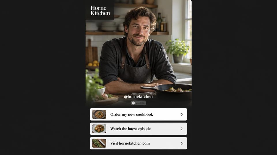 Author website design, cookbook link page in charcoal: charcoal page, a chef in a kitchen above three white image link cards