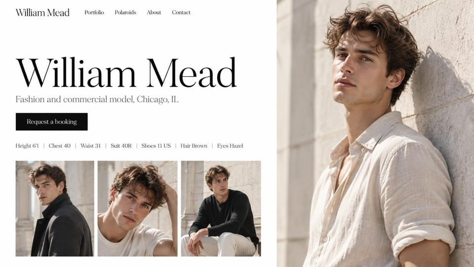 Model portfolio website design, male model with a huge name and a stats row: white page, a huge black serif name, a black booking button, a stats row, three photos below and a tall sunlit portrait of a young man in a cream linen shirt