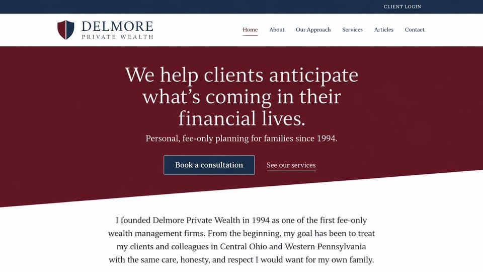 Financial advisor website design, fee-only planning with a founder's letter: navy top bar, shield logo, burgundy band with a centered white serif headline and navy button, and a founder's letter below