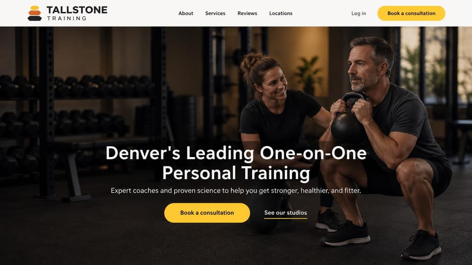 Personal trainer website design, one-on-one training across several studios: white menu bar, a full-width dark gym photo of a trainer smiling at a man doing a kettlebell squat, a centered white headline, yellow buttons