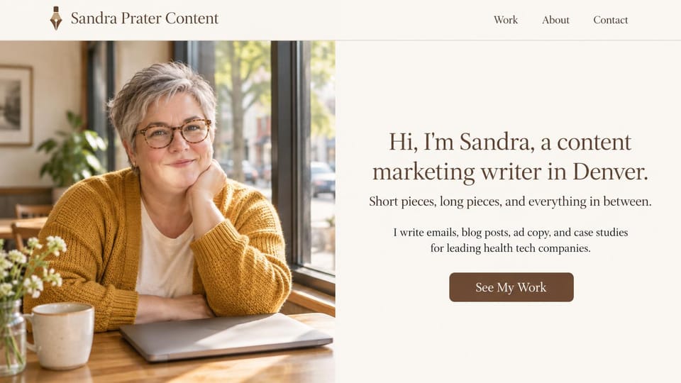 Marketing portfolio website design, content writer with the photo on the left: cream page, a brown serif greeting, a smiling woman in glasses and a mustard cardigan at a cafe window