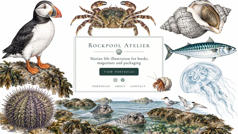 Portfolio website design, nature illustration framed around a card: white page, detailed drawings of a puffin, crabs, shells, fish and jellyfish around a centered card with a green button
