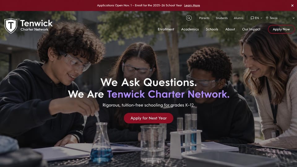 School website design, charter school network with an enrollment bar: dark photo of students doing science outdoors, a white and purple headline, a red banner and button