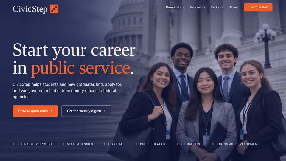 Recruiting website design, public service careers for graduates: navy-tinted photo of five young professionals on government steps, a white and orange serif headline and orange button