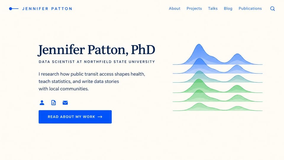 Resume website design, university data scientist with a ridgeline chart: cream page, a navy serif name with PhD, a small caps title, three blue icons, a blue button and a stacked blue and green ridgeline chart