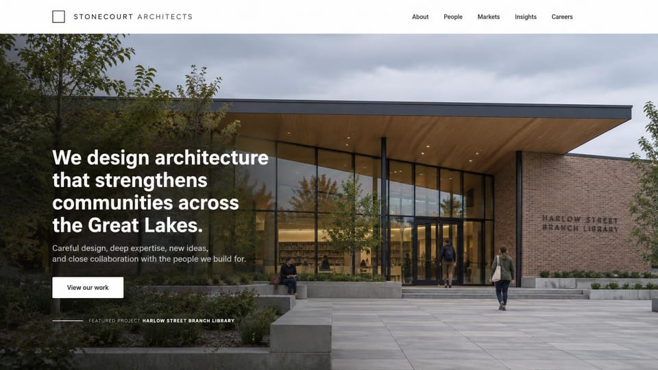 Architecture website design, regional practice with a featured project: white nav with a square logo, a brick and glass library with a timber canopy under a gray sky, a bold white headline at left, a white button