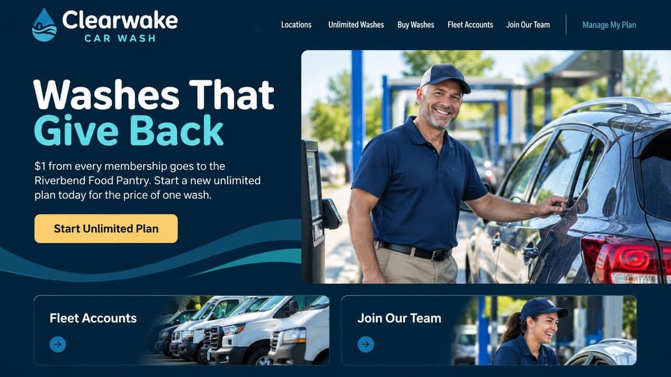 Car detailing website design, car wash memberships that give back: navy page with teal waves, a white and teal headline, a yellow plan button, a smiling attendant by a wet SUV, two photo cards for fleet accounts and jobs