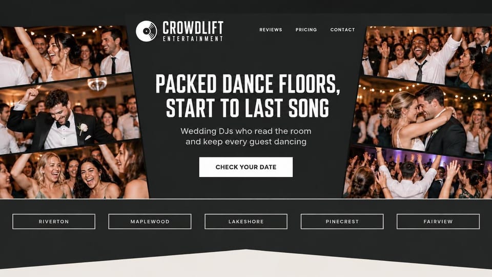 DJ website design, wedding DJs with photo collages and service areas: dark charcoal page, angled collages of wedding guests dancing, a white condensed headline, a white button and a row of outlined area buttons