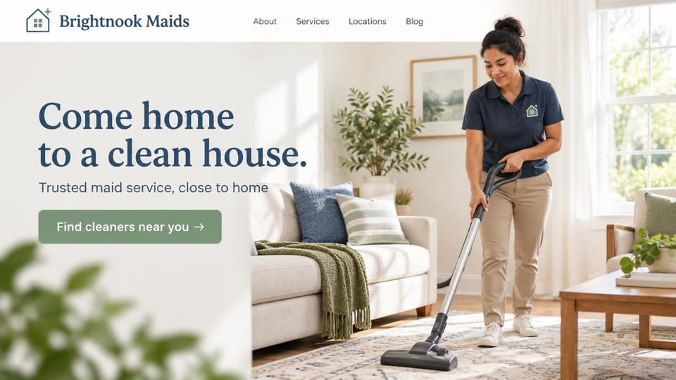 Cleaning service website design, maid service that finds cleaners near you: a navy serif headline and sage green button over a sunlit living room where a cleaner in a navy polo vacuums the rug