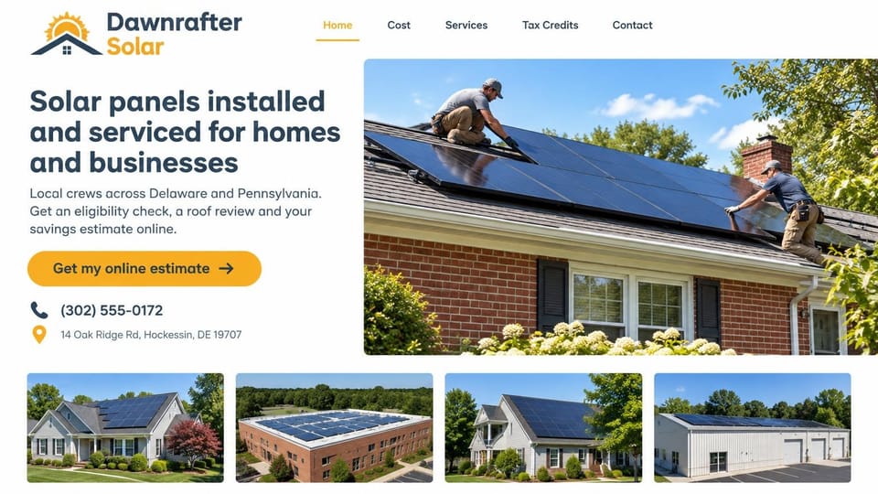 Solar website design, home and business solar with a gallery of past installs: white page with a sun-and-roof logo, a large navy headline on the left, two installers fitting panels on a brick home's roof on the right, a rounded yellow estimate button and a row of four install photos along the bottom