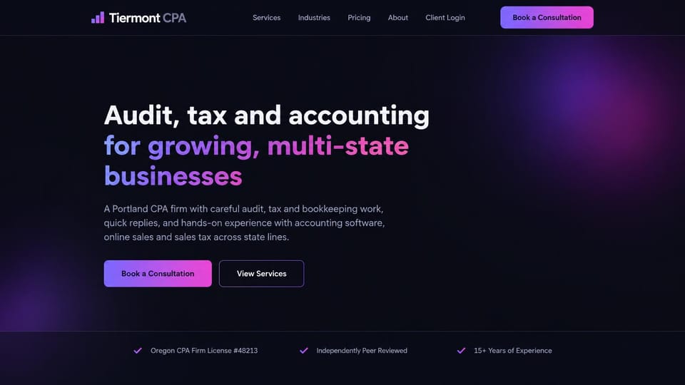 Accounting website design, cPA firm for multi-state businesses on a dark gradient: near-black page with purple and pink glows, a white headline with a purple to pink gradient line, a gradient consultation button and a strip of three checked credentials