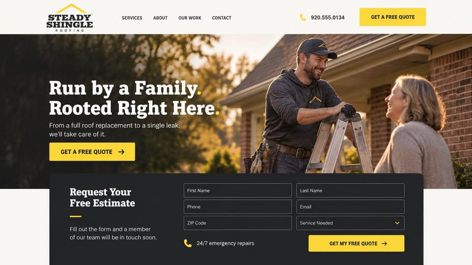 Contractor website design, family roofer with the estimate form in view: a roofer on a ladder talking with a homeowner, a navy headline with yellow dots and a dark estimate form
