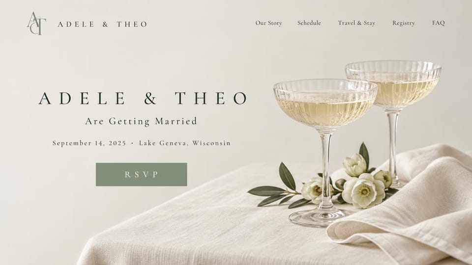 Wedding website design, minimal wedding with champagne glasses: pale sage page, spaced capital names and a sage RSVP button beside champagne coupes and white flowers