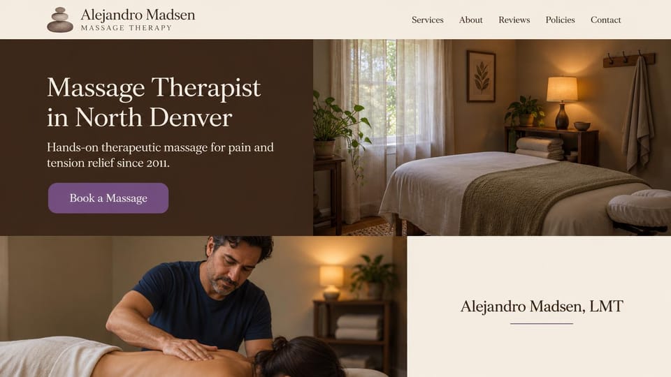 Massage therapist website design, solo massage therapist in a tidy photo grid: dark brown panel with a cream serif headline and a purple button, beside photos of a lamp-lit treatment room and a therapist at work