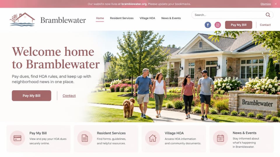 HOA website design, dues and resident services in blush and rose: blush announcement bar, a rose serif headline, four neighbors and a dog by a stone entrance sign and four pale pink service cards