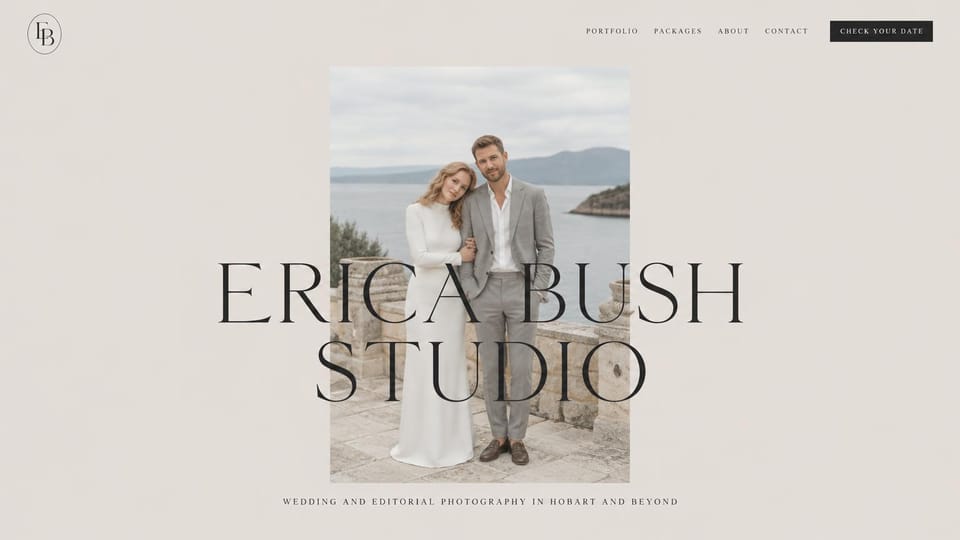 Wedding photographer website design, wedding photographer with a huge name across the portrait: pale greige page, a couple standing by the water in a centered portrait, a huge dark serif name across the photo, a small black check your date button