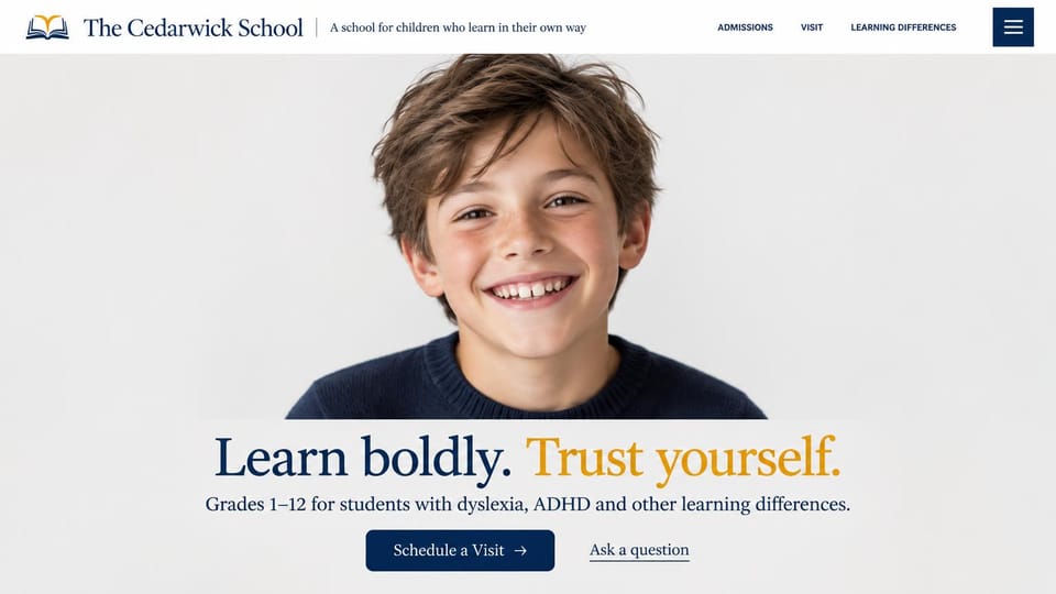 School website design, school for learning differences with a student portrait: white header with an open book logo, a smiling boy in a navy sweater on a pale gray backdrop, a navy and gold serif headline and a navy visit button