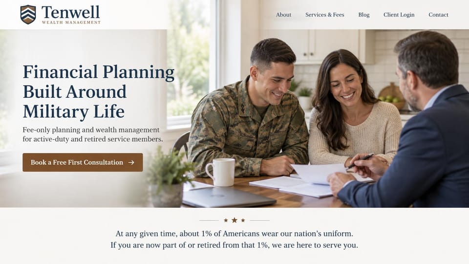 Financial advisor website design, financial planning for military families: light page, dark serif headline, brown consultation button and a photo of a soldier and his wife meeting an advisor