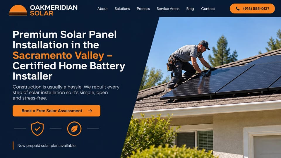 Solar website design, solar and home batteries on navy and orange: navy page, a white and orange headline on the left, an installer on a roof in an angled photo on the right, an orange phone button in the header
