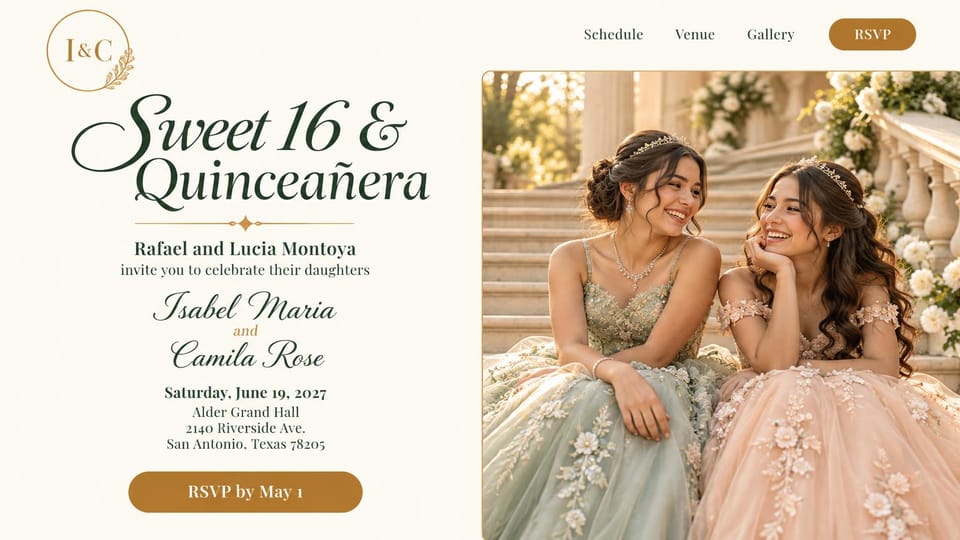 Event website design, joint sweet sixteen and quinceañera: cream page, green script and serif headline, gold RSVP button, two girls in pastel gowns on a stone staircase