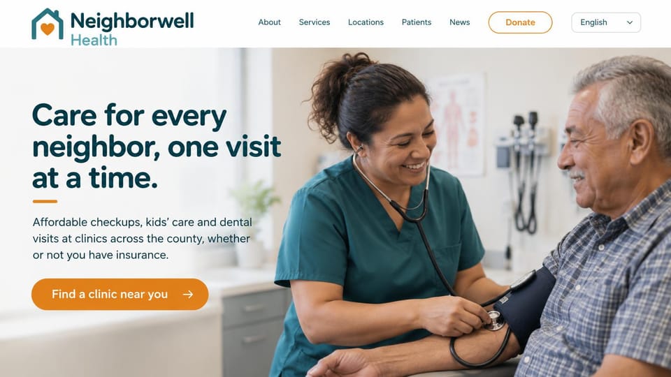 Medical practice website design, community health center with a clinic finder: white page, a dark teal headline and orange clinic finder button beside a nurse checking an older man's blood pressure