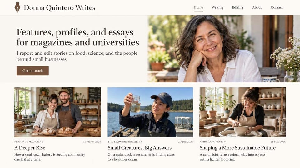 Writer website design, feature writer with a warm portrait and story cards: cream page, a large dark brown serif headline, a brown button, a smiling woman in a sunny garden and three photo cards with outlet names and dates