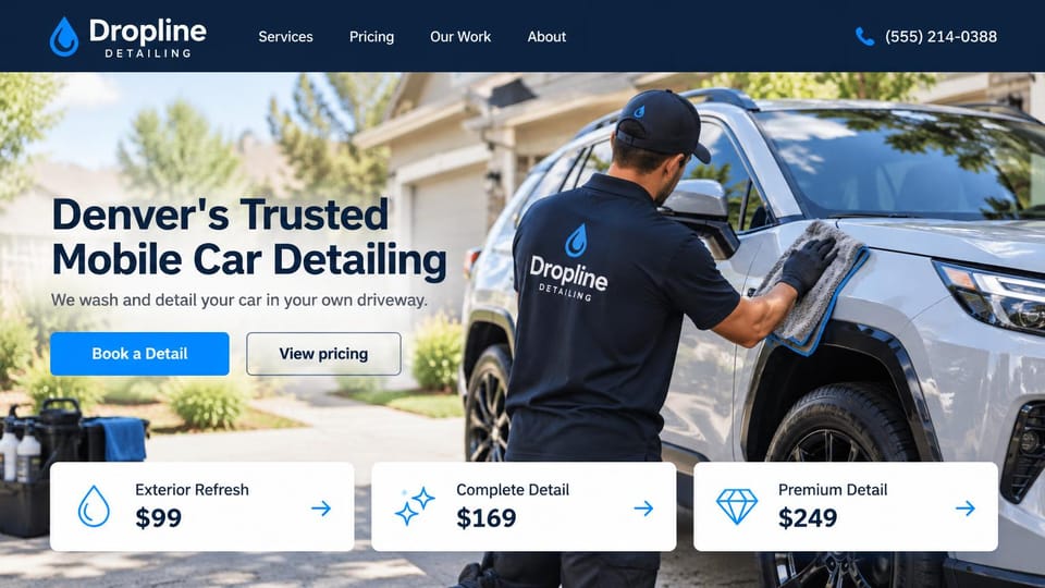 Car detailing website design, mobile detailing with prices in the hero: navy header, photo of a detailer in a branded shirt wiping a silver SUV in a driveway, navy headline, blue book button, three white price cards along the bottom
