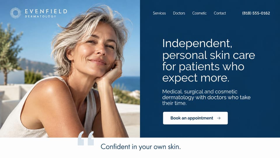 Medical practice website design, independent dermatology with a sunlit portrait: navy right panel with a white sans headline and white book button beside a sunlit portrait of a smiling gray-haired woman by the sea, a quote strip below